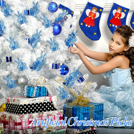 Tigeen 12 Pcs Large Christmas Tree Picks Bulk Glitter Branches Berries Stems Decorations 15.75'' Christmas Twigs Filler Berry Picks for Vase Christmas Tree Ornaments (Blue)