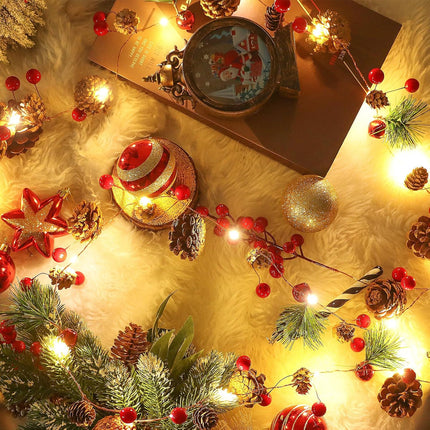 CCINEE 6.56ft Christmas Pine Cone Garland, Light up Garland String Lights Battery Operated Christmas Decor with Red Berry Pine Cone Indoor Decorations for Fireplace
