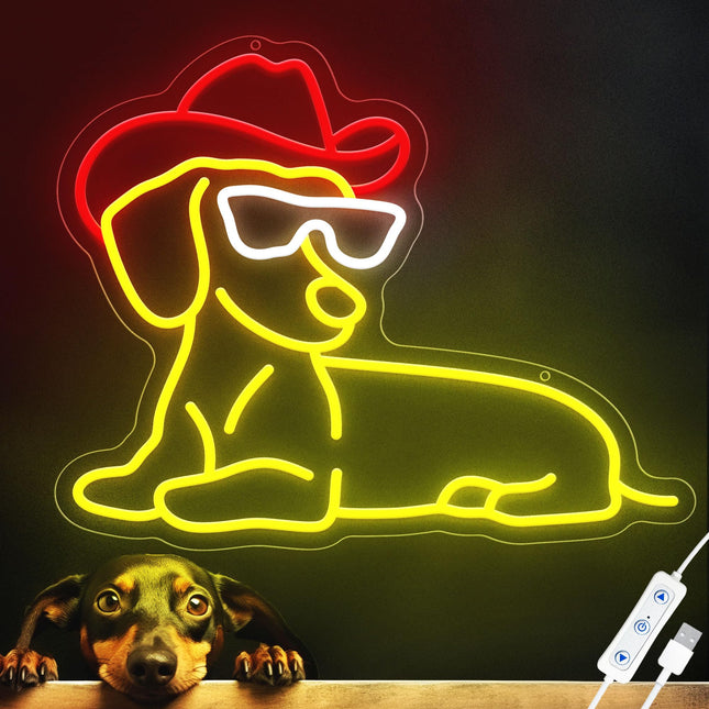 Dachshund Neon Signs for Wall Decor, Dimmable Cute Dog Neon Sign with Cowboy Hat Led Signs for Bedroom Home Party Pet Shop Decor, Birthday Christmas s for Friends Kids Dog Lovers
