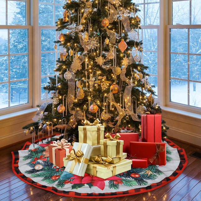 Christmas Tree Skirt 48 Inch, Xmas Tree Base Cover Mat with Wreath for Holiday Ornament for Xmas Party Christmas Decorations (Wreath Style, 48 inch/ 120cm)