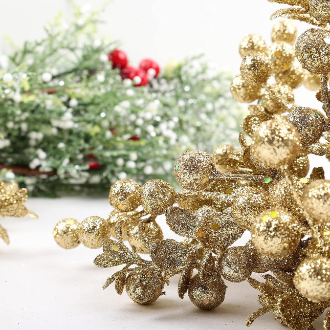 Champagne Gold Christmas Picks Decorations Floral Sprays Glittered Twigs for Xmas Tree Ornaments Decoration Filler Wreath Garland Floral Arrangement Decor Xmas Toppers Home Party