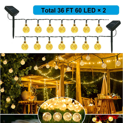 Updated Solar String Lights Outdoor Waterproof 2 Pack 120 Led 72ft Warm White Big Ball Led Christmas Lights for Garden Lawn Gazebo Porch Decor, Camping, Yard, Crystal Globe Lights with 8 Modes