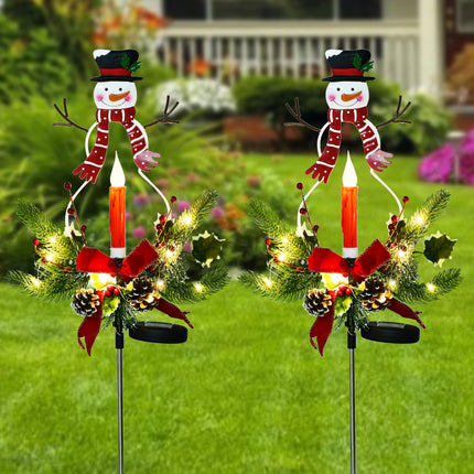 2 Pack Solar Christmas Light Outdoor Decoration Clearance, LED Candle, Snowman Christmas Light with Faux Pine Cones, Foliage Accents Garden Decorative Stake