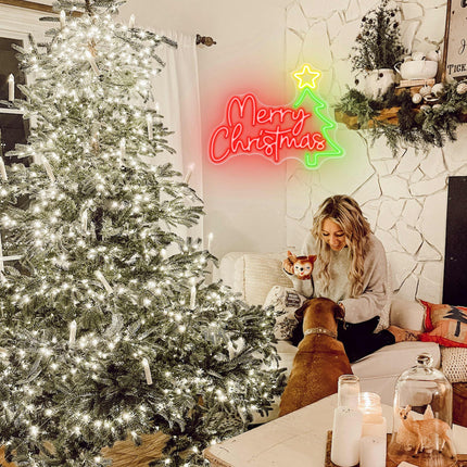 Merry Christmas Neon Sign for Wall Decor, Christmas Tree LED Sign, Christmas Room Decor LED Neon Light with Dimmer, Perfect for Home, Bedroom, Party Decor