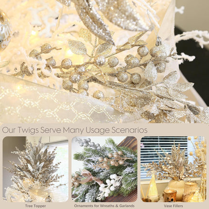 Sea Team 24-Pack Artificial Glitter Berry Twigs, Bacca Stem Ornaments, Decorative Bead Sticks, Picks, Branches for Christmas Tree, Wreath, Vase Fillers for Centerpieces, Home Décor, Champagne