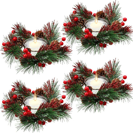 8 Pieces Christmas Candle Holders Glass Tealight Candle Rings, 4 Pieces Christmas Votive Candle Holders Berry Ring with Pinecones and 4 Pieces Votive Candle Holders for Wedding Christmas Decor