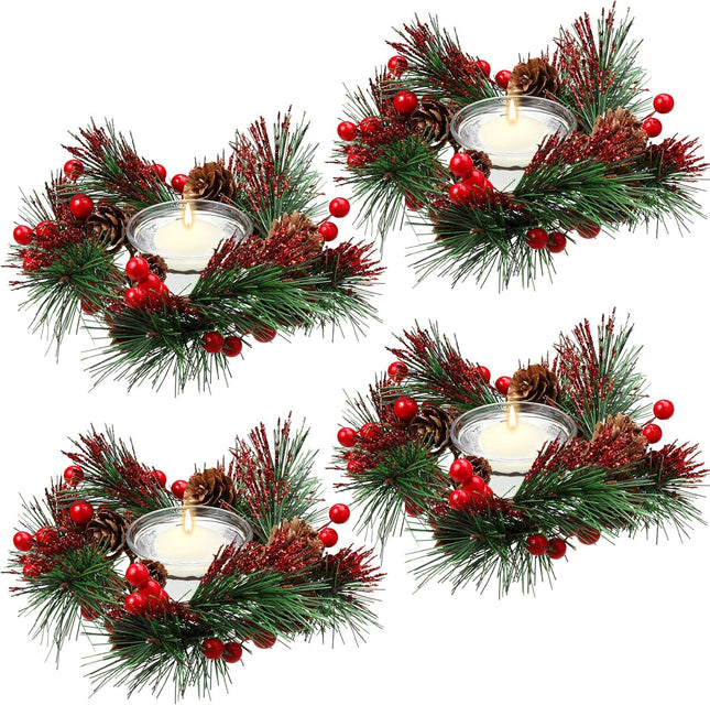 8 Pieces Christmas Candle Holders Glass Tealight Candle Rings, 4 Pieces Christmas Votive Candle Holders Berry Ring with Pinecones and 4 Pieces Votive Candle Holders for Wedding Christmas Decor