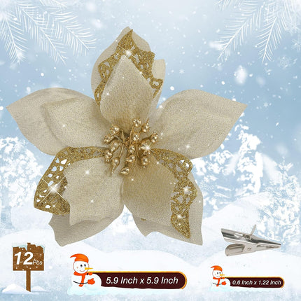 12 PCS Poinsettia Flower Artificial Poinsettia Christmas Decoration 5.9'' Gold Glitter Poinsettias Christmas Ornaments Christmas Tree Flower Decor with Clips DIY Xmas Wreath Holiday Home Party Decor