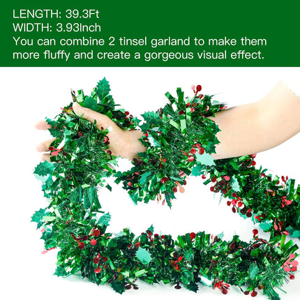 Sggvecsy 39.37Ft Christmas Red Berry Tinsel Garland Xmas Tree Decorations Green Leaves Christmas Metallic Twist Garland Ceiling Hanging Decorations for Year Party Holiday Indoor Outdoor Supplies