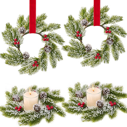 Christmas Candle Rings-4pcs Mini Small Christmas Wreaths for Kitchen Cabinets- Frosted Cedar Christmas Candle Rings Wreaths for Pillars/Window/Chair Wall-Christmas Table Centerpieces Decorations