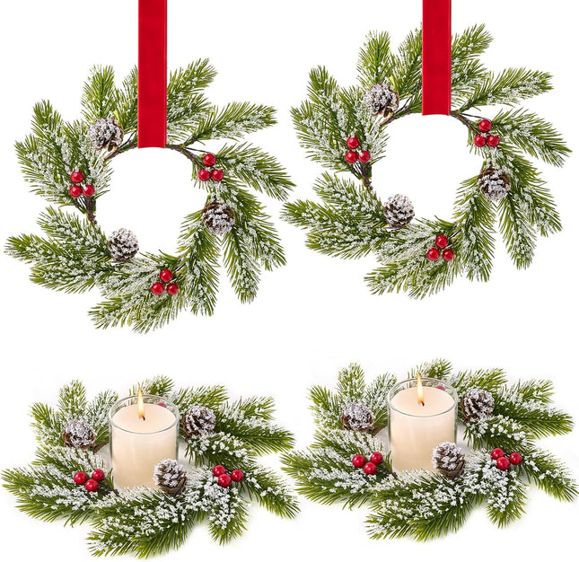 Christmas Candle Rings-4pcs Mini Small Christmas Wreaths for Kitchen Cabinets- Frosted Cedar Christmas Candle Rings Wreaths for Pillars/Window/Chair Wall-Christmas Table Centerpieces Decorations