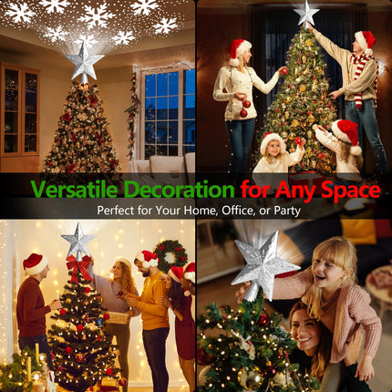 Christmas Tree Topper Lighted with 360° Rotating Projection - [6 Festive Patterns, Adjustable Projection Range] Christmas Star Tree Topper with Snowflakes Reindeer for Party Holiday Decor - Silver