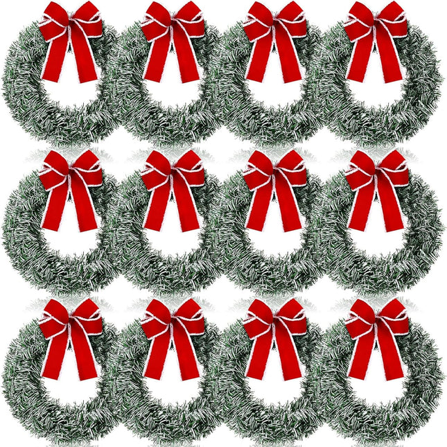 Hotop 12 Pcs Christmas Wreath 14 Inch with Red Bow Artificial Pine Wreaths Small Christmas Kitchen Cabinet Garlands Wreaths Farmhouse Xmas Home Decor for Indoor Outdoor Holiday Wall Window Decor