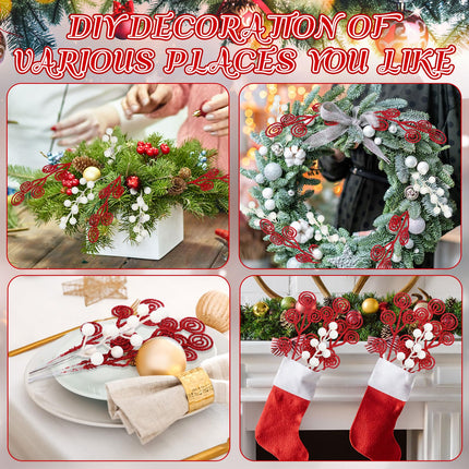 80 Pcs Red White Christmas Berry Stems Artificial Glitter Christmas Curly Candy Picks Ornaments Decorative Christmas Picks and Sprays for Xmas Tree Wreath Crafts Vase Filler Home