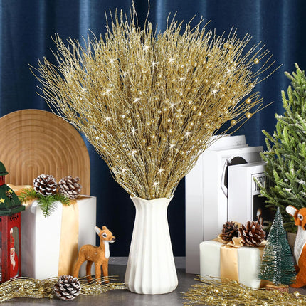 Tigeen 60 Pcs Christmas Artificial Glitter Berry Stem Decoration Bead Stick Pick 17 Inch Glittery Twig Branches for Xmas Tree Small Vase DIY Craft Wreath Home Decor Party Ornament(Gold)