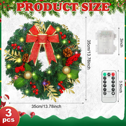 3Pcs Christmas Wreath 14 Inch LED Prelit Artificial Christmas Wreaths for Front Door 60 Lights Timer Battery Operated with Red Berries Bow Pine Cones Cypress Leaves Ball Glitter Xmas Decor