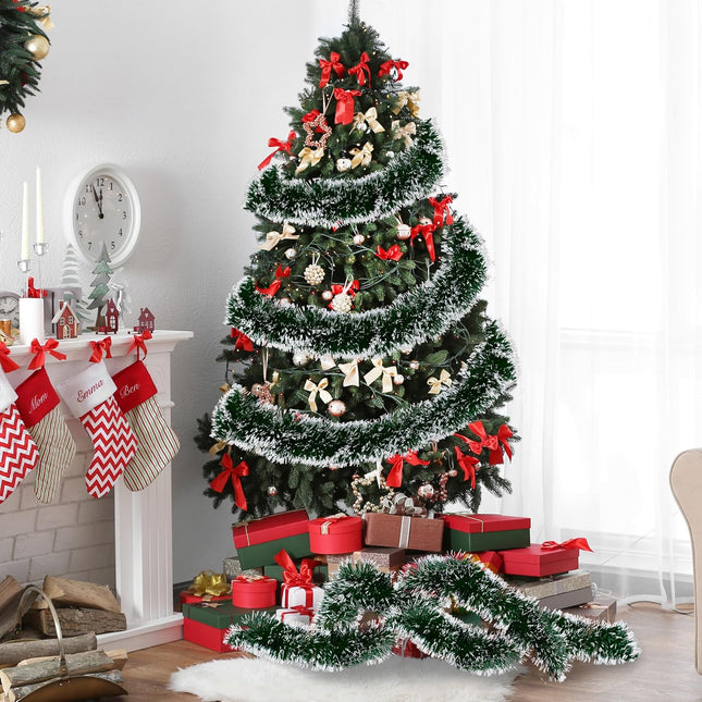 Sggvecsy 49.2Ft Christmas Green and White Tinsel Garland Xmas Tree Decorations Christmas Metallic Twist Garland Ceiling Hanging Decorations for Year Party Birthday Holiday Indoor Outdoor Supplies