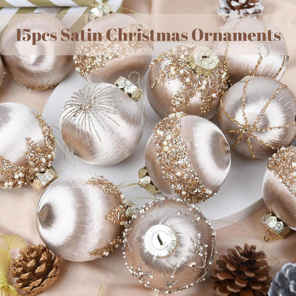 Christmas Ornaments Champagne Xmas Balls - Pack of 15 Luxury Christmas Tree Decorations Shatterproof - Satin Glitter Xmas Bulbs Set, 3.15 inch 80mm