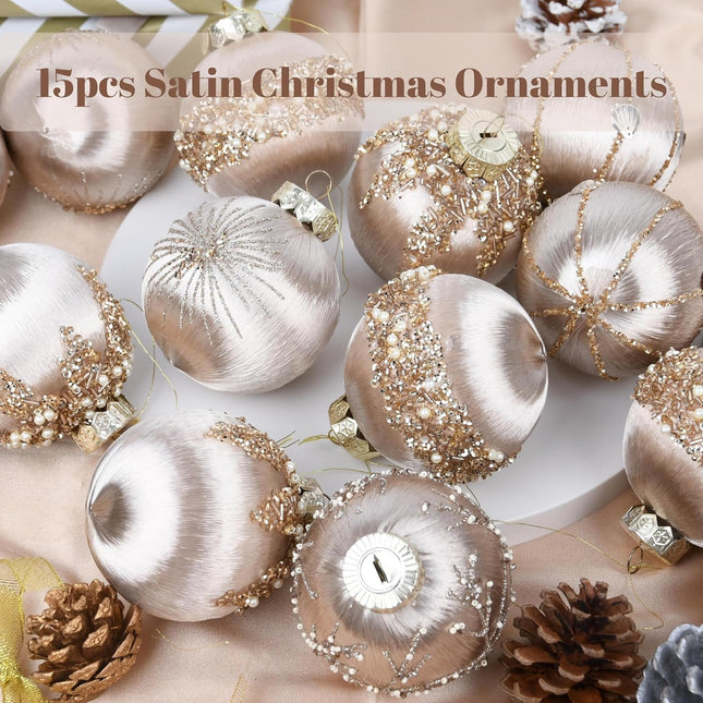 Christmas Ornaments Champagne Xmas Balls - Pack of 15 Luxury Christmas Tree Decorations Shatterproof - Satin Glitter Xmas Bulbs Set, 3.15 inch 80mm