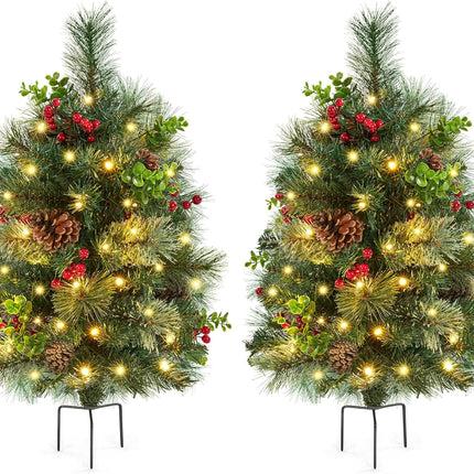 Yaheetech 2Pcs Pre-lit Mini Christmas Trees,2FT Artificial Christmas Tree with Stakes for Driveway, Yard, Garden,Pathway Christmas Tree with LED Lights, Red Berries, Pinecones,Green