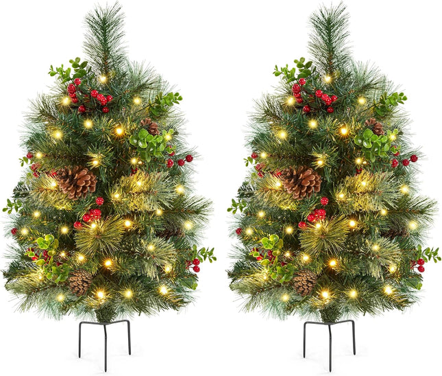 Yaheetech 2Pcs Pre-lit Mini Christmas Trees,2FT Artificial Christmas Tree with Stakes for Driveway, Yard, Garden,Pathway Christmas Tree with LED Lights, Red Berries, Pinecones,Green