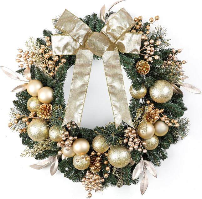 Christmas Wreaths for Front Door 24“ Champagne Gold Door Wreath with Ball Ornaments and Gold Accents, Christmas Decorations Home Indoor and Outdoor Holiday Decor Wreaths
