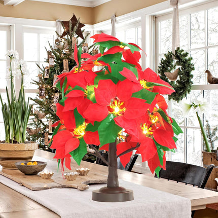 Mycznsyard Red Poinsettia Tree Light 18 LED Tabletop Christmas Artificial Tree Light 8 Modes 6 Hrs Timer USB/Battery Operated Decorative Lamp for Party Wedding Holiday Christmas (Warm White)