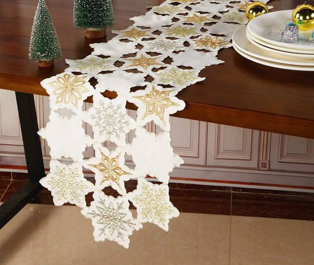 GRANDDECO Christmas Holiday Table Runner with Embroidered Elegant Snowflake Festive Winter Table Topper for Family Xmas Home Kitchen Dinner Party Table (Table Runner 13X54(33X137cm), White)