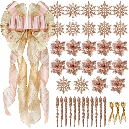 37 Pieces Christmas Rose Gold Tree Ornaments Set, Christmas Decorative Bow Topper 12 Glitter Flowers Decorations 12 Plastic Xmas Snowflake Icicle Ornaments Set for Holiday Party Decoration