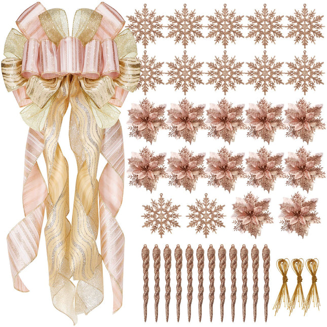 37 Pieces Christmas Rose Gold Tree Ornaments Set, Christmas Decorative Bow Topper 12 Glitter Flowers Decorations 12 Plastic Xmas Snowflake Icicle Ornaments Set for Holiday Party Decoration