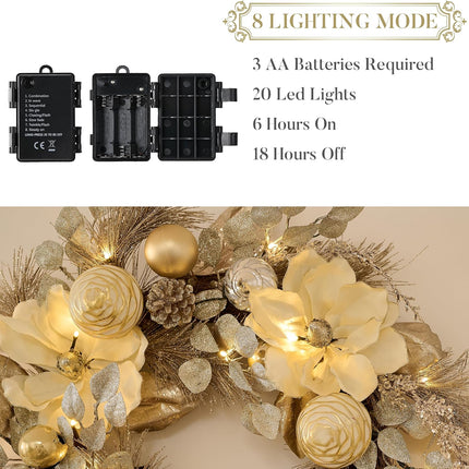 Valery Madelyn 24 Inch Pre-Lit Christmas Wreath for Front Door with Lights, Large Lighted Christmas Wreath with Champagne Gold Xmas Balls for Fireplace Window Outdoor Table Centerpiece Home Decoration