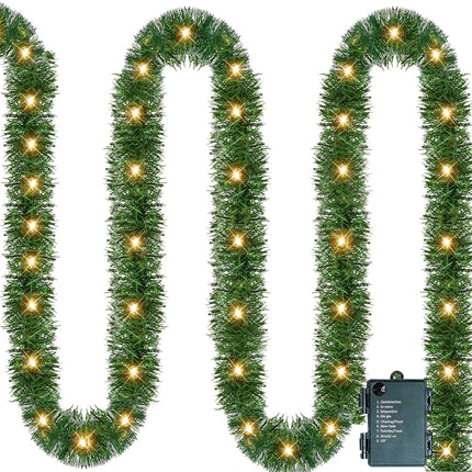 Nerosun 14.8 FT Artificial Christmas Garland, 50 Pre-Lit LED Mini String Lights Battery Operated Xmas Garland for Home Stair Railing Indoor Wedding Party Christmas Ornament Decorations (Warm White)