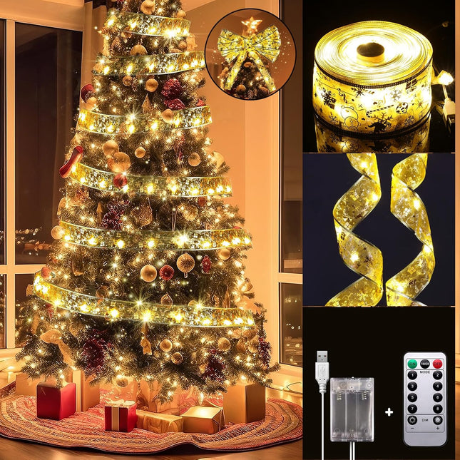 Lecone Christmas Tree Decorations, 2 Pack Christmas Ribbon Lights Total 40Ft 120LED Fairy Lights with 8 Modes & Timer, USB or Battery Operated Christmas Lights for Tree Indoor (Gold with Warm Light)