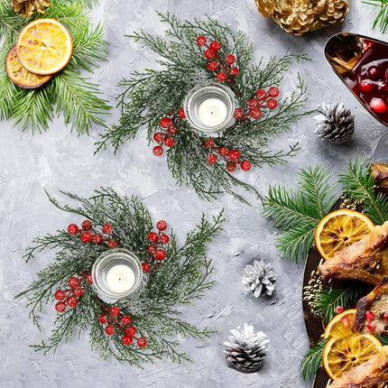 Christmas Candle Rings Wreath Artificial Candle Rings with Red Berry, Snowy Pine Garland Candle Ring Holder for Christmas Decorations Table Centerpiece (6 Pcs)