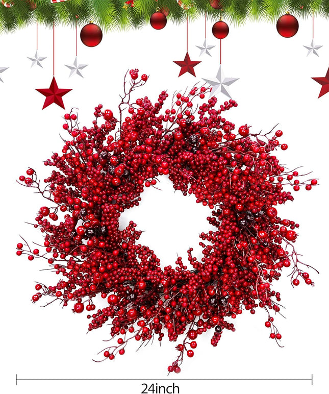Chrisxiao 24 Inch Christmas Wreath Front Door,Artificial Christmas Wreath Decorated with Holly Berries, Hawthorn Berries, for Indoor Outdoor Christmas Decoration