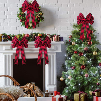 Chuangdi 4 Pieces Christmas Buffalo Plaid Bows 19.3x10 Inches Red Black Large Plaid Christmas Wreath Bows Xmas Buffalo Check Bows Ornaments for Christmas Tree Indoor Outdoor Decorations