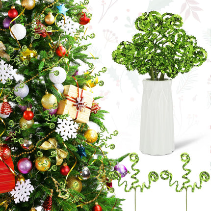 Sliner 20 Pcs Christmas Sequins Curly Pick Ornament 12 Inch Christmas Tree Decoration Candy Shape Christmas Tree Topper Ornament Sprays Spiral Stem for Party Wedding Home Decor DIY Crafts(Green)