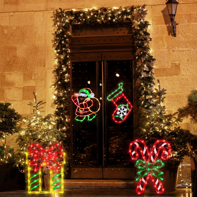 16" Christmas Window Silhouette Lights Decorations - 4 Pack Colour Lighted Santa ＆ Box ＆ Candy Cane ＆ Christmas Stocking for Holiday Indoor and Outdoor Wall Door Window Decorate