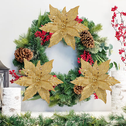 Briful 12'' Large Heads Christmas Glitter Poinsettia Flowers Christmas Tree Ornaments Set of 4 Artificial Flowers with Long Stems for Xmas Tree Party DIY Holiday Decorations,Gold