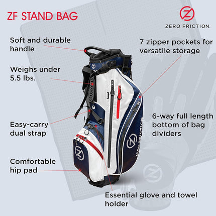 Zero Friction Golf Stand Bag, Bonus 40" Golf Towel & Men's Universal-Fit Golf Glove Included