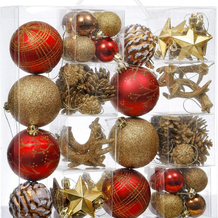 Valery Madelyn Christmas Ornaments Set, 70ct Red and Brown Shatterproof Christmas Tree Decorations, Woodland Hanging Ball Ornaments Bulk for Thanksgiving Xmas Holiday Decor