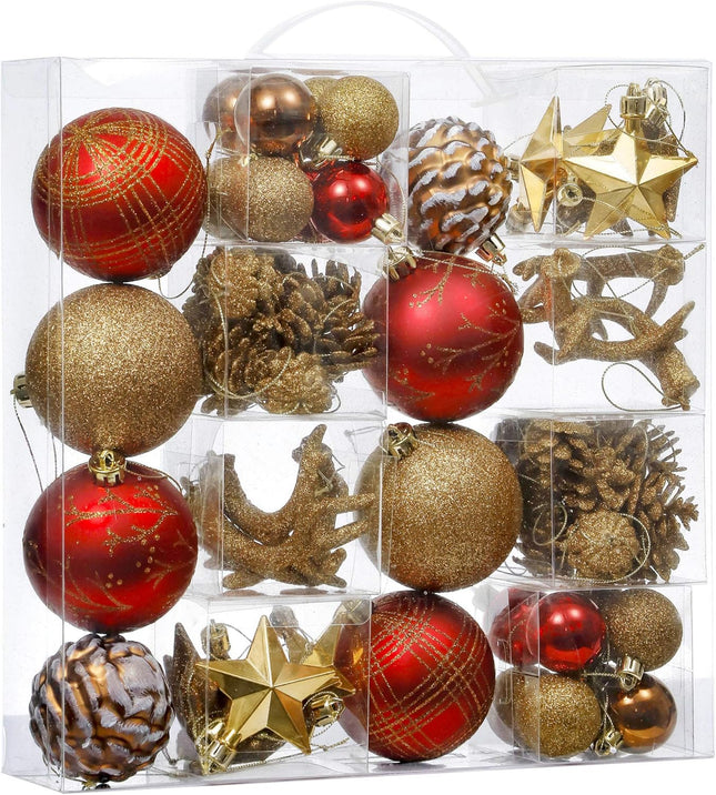 Valery Madelyn Christmas Ornaments Set, 70ct Red and Brown Shatterproof Christmas Tree Decorations, Woodland Hanging Ball Ornaments Bulk for Thanksgiving Xmas Holiday Decor