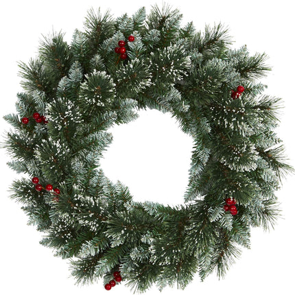 Nearly Natural 24in. Frosted Swiss Pine Artificial Wreath with 35 Clear LED Lights and Berries, Green, 5x24x24