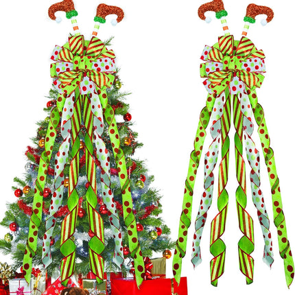 Christmas Tree Topper Wreath Bow with Elf Legs, 52×12Inch Large Toppers Bow Red Green Dot Glitter Ribbon for Christmas Tree Decorations Xmas Ornament Holiday Festival Home Indoor Outdoor Decor