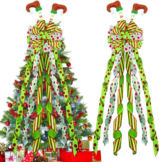 Christmas Tree Topper Wreath Bow with Elf Legs, 52×12Inch Large Toppers Bow Red Green Dot Glitter Ribbon for Christmas Tree Decorations Xmas Ornament Holiday Festival Home Indoor Outdoor Decor