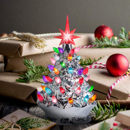RJ Legend Christmas Tree – Festive Lighted with 50+ Multicolor Bulbs, Operated by LED, Ceramic – Retro Winter Tree - Silver, 9.6-Inch