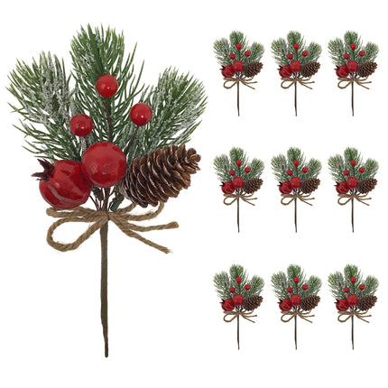 BANBERRY DESIGNS Christmas Decorating Picks - Set of 10 - Snow Flocked Pine Greenery with Pinecone & Red Berries - Xmas Holiday Accents for Wreath, Garland, s