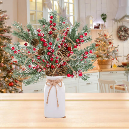 Sggvecsy 15 Pack Snow Frosted Christmas Berries Pine Picks Artificial Red Berry Pine Branches Frosted Faux Pine Stem with Pine Cones Fake Pine Needles for Xmas Tree Wreath DIY Craft Holiday Decor