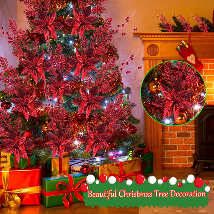 Artificial Glitter Berry Stem Ornaments, 18 Pack 17.5 Inch Red Fake Christmas Picks Decorations with Poinsettia Christmas Flowers,Twigs Bead Sticks for Christmas Tree Wedding Small Vase Wreath Decor
