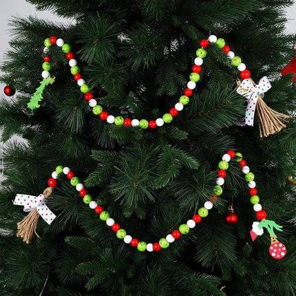 Whaline 2Pcs Christmas Wooden Bead Garlands Red Green Cartoon Character Rustic Wood Bead Garland with Rope Tassel Xmas Hanging Decor for Farmhouse Tiered Tray Home Decor Christmas Party Suppliers